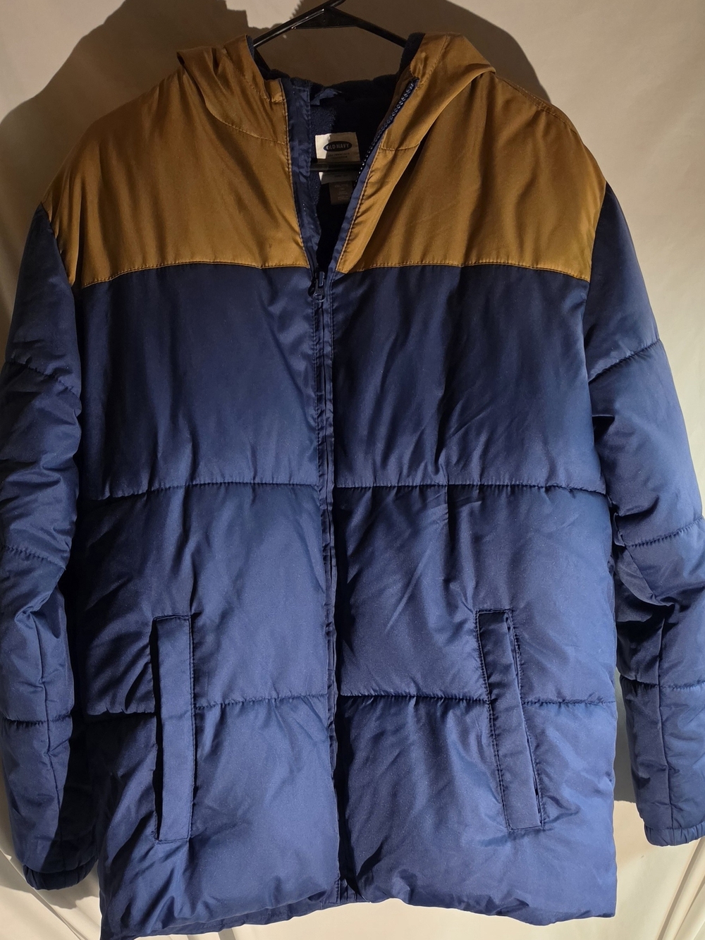 Boy's Two-Tone Hooded Puffer Jacket - Blue & Mustard, Old Navy. Size 18/XXL
